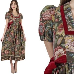 Young Guardian 1970's Burgundy Country Prairie Floral Velvet Tapestry Maxi Dress